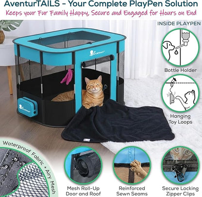 Portable Foldable Dog & Cat Playpen - Indoor Outdoor Travel - Medium Collapsible Pet Play Pen for Small Dogs, Puppies & Kittens - Lightweight Enclosure with Breathable Mesh, Fleece Liner & Carry Bag
