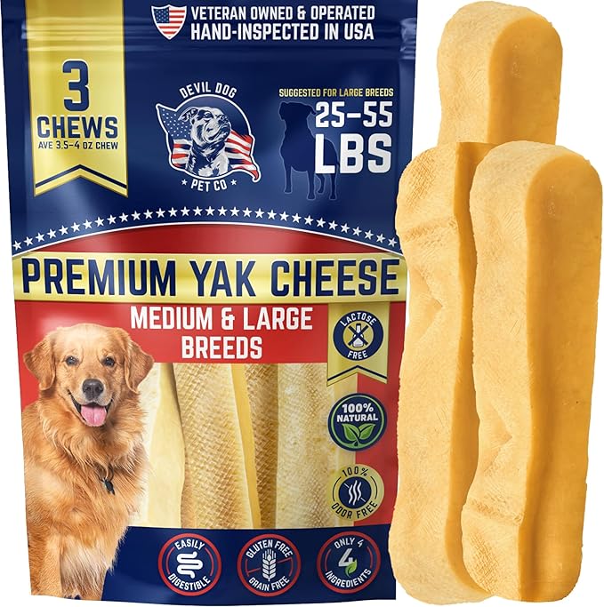 Devil Dog Pet Co - Yak Cheese Dog Chews Large 3 Pack for Aggressive Chewers - Odor-Free Long Lasting Himalayan Treats, Medium & Large Breeds 25-55 lbs, 4-Ingredient Dental Enrichment & Anxiety Relief