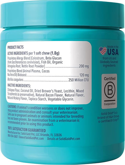Solid Gold Dog Allergy Relief Chews - Dog Itching Skin Relief & Seasonal Allergies Support - Alaskan Salmon Oil for Dogs Skin, Coat & Immune Support - Bacon Flavor Soft Allergy Chews for Dogs - 60ct