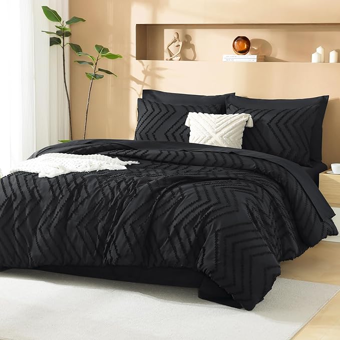 Litanika Super King Size Comforter Set with Sheets Black - 7 Pieces Bed in a Bag Oversized King Boho Tufted Complete Bedding Sets with Comforter, Sheets, Pillowcases & Shams