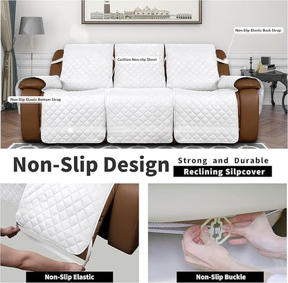 Easy-Going Recliner Sofa Cover, Reversible Couch Cover for 3 Seat Recliner, Split Sofa Cover for Each Seat, Furniture Protector with Elastic Straps for Kids, Dogs, Pets(3 Seater, White/White)