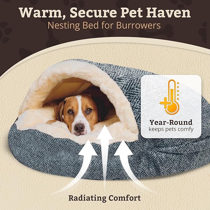 Snoozer Cozy Cave Dog Bed - Indoor Dog Bed with Cover Cave, Covered Calming Burrow for Small & Medium Sized Pets with Blanket Attached, Enclosed, Removable Washable Cover - Large, Palmer Indigo