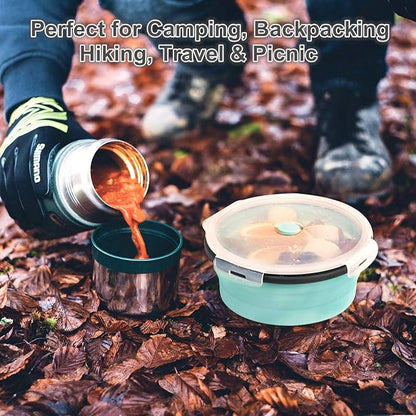 ColorCoral Camping Bowl with Lid Large Collapsible Silicone Bowl (2-pack) 1200ml/42oz per unit and Foldable Stainless Steel Fork for Travel and Camping Microvave and Fridge Food Storage