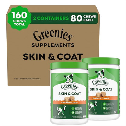 Greenies Supplements Dog Skin and Coat Supplements with Omega 3 Fatty Acids & Fish Oil for Dogs, Chicken Flavor, 14.7 oz, 80 Count (Pack of 2)