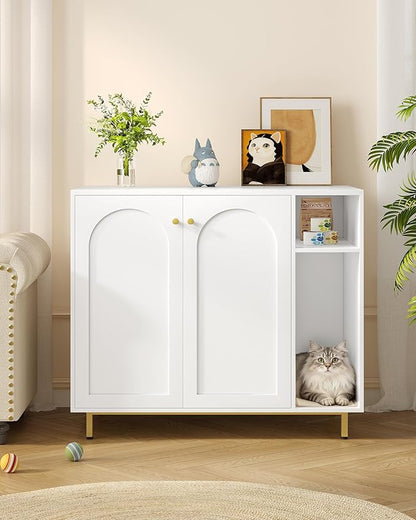Hzuaneri Extra Large Cat Litter Box Enclosure, Automatic Litter Box Furniture with Scratch Pad, Wooden Modern Self-Cleaning Cat Cabinet with Storage, Cats House, End Table, White and Gold CB87103G