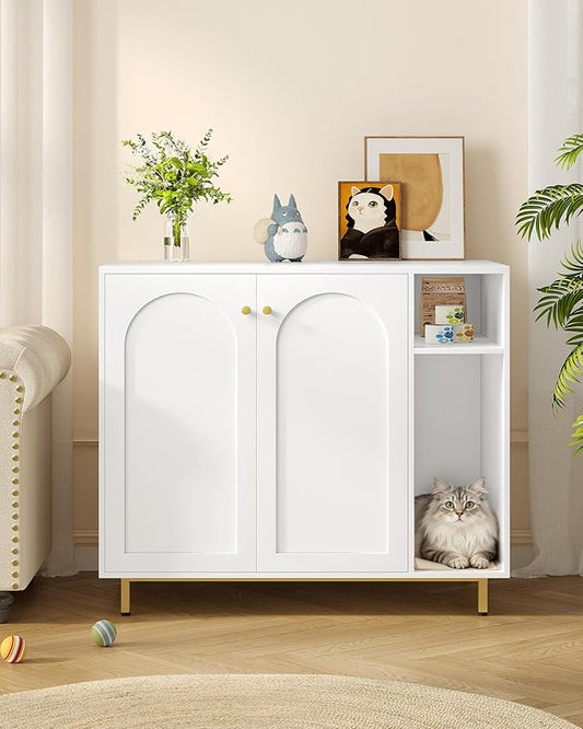 Hzuaneri Extra Large Cat Litter Box Enclosure, Automatic Litter Box Furniture with Scratch Pad, Wooden Modern Self-Cleaning Cat Cabinet with Storage, Cats House, End Table, White and Gold CB87103G