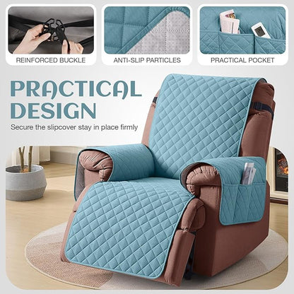 KinCam 100% Waterproof Recliner Chair Cover, Reclining Couch Covers for Pets, Dogs, Recliner Couch Slipcover Furniture Protector with Elastic Straps for Kids(23.6", Light Blue)