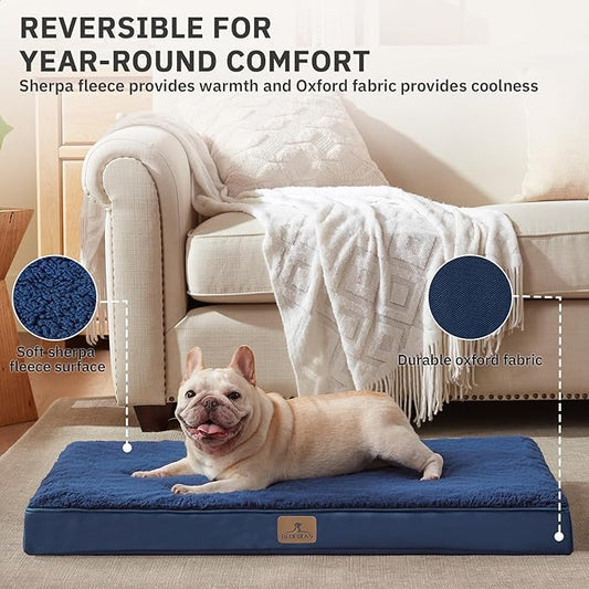 Bedfolks Orthopedic Dog Bed for Large Dogs - Egg Foam Dog Crate Bed with Removable Waterproof Cover, Pet Bed Mat Suitable for Dogs and Pets Up to 50 lbs (35 x 22 x 3 inches, Navy)