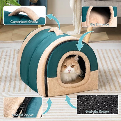 Hollypet Cat Bed Self-Warming 2 in 1 Foldable Kitty Cave Hut House Nest Pet Sleeping Bed, Crystal Velvet Pet Condo for Indoor Cats, Green Arched Cave