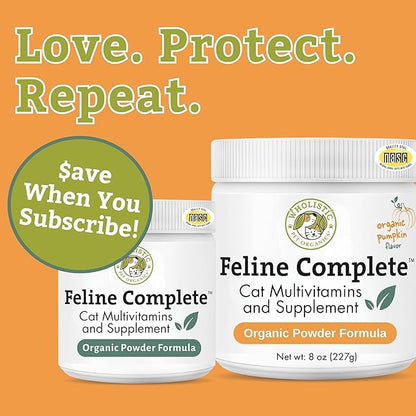 Wholistic Pet Organics Feline Complete Organic Pumpkin - 4 Oz - Multivitamin & Probiotic Powder for Cats - Natural Cat Food & Digestive Support - 37 Scoops