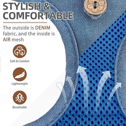 PUPTECK Dog Harness and Leash Set for Small Medium Dogs No Pull Step-in Soft Mesh Puppy Cat Vest Harnesses Reflective at Night, Denim Steelblue M