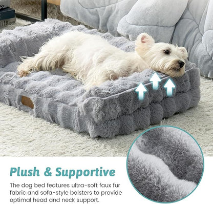 COZY KISS Faux Rabbit Fur Orthopedic Dog Bed, Dog Bed for Large Size, Supportive Foam Pet Sofa with Waterproof Lining Cover, Washable U-Shaped Pet Couch with Anti-Slip Bottom, Grey L 36x27x6.5 inch