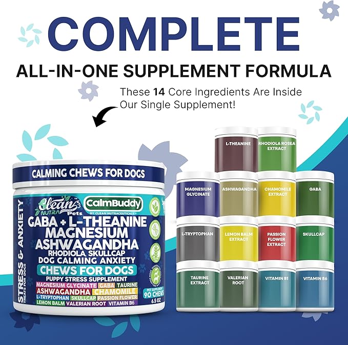 CalmBuddy Anxiety and Stress Relief Supplements GABA L-Theanine Magnesium Ashwagandha Rhodiola Rosea Chamomile L-Tryptophan Skullcap Taurine Valerian Root 60 Beef Flavor Chew by Clean Nutra Pets