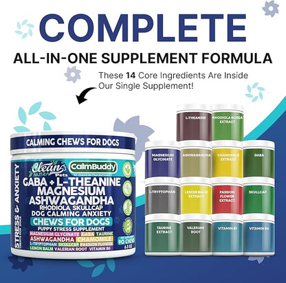 CalmBuddy Anxiety and Stress Relief Supplements GABA L-Theanine Magnesium Ashwagandha Rhodiola Rosea Chamomile L-Tryptophan Skullcap Taurine Valerian Root 60 Beef Flavor Chew by Clean Nutra Pets