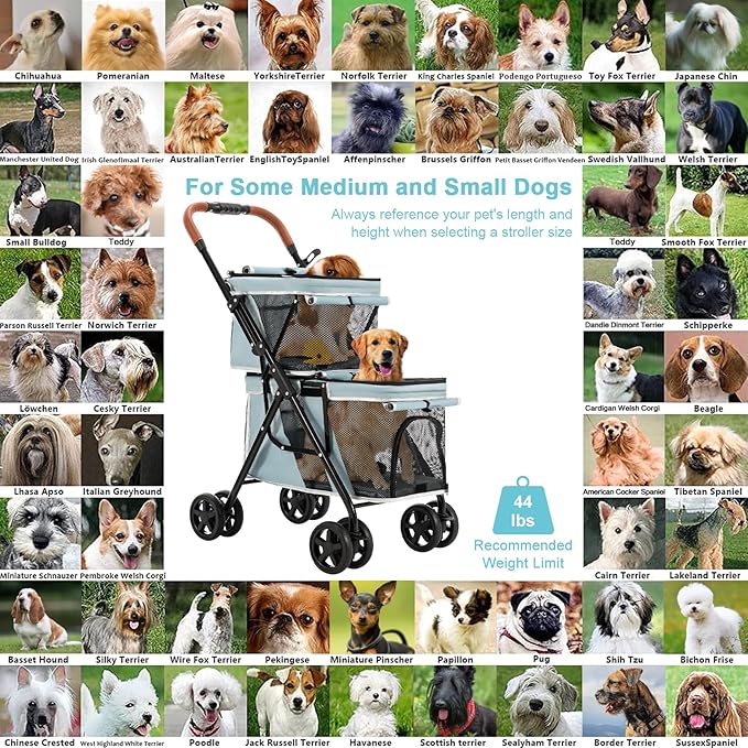 Double Pet Stroller for Dogs and Cats, One-Hand Folding Dog Stroller Travel Carriage for Small Medium Dogs Cats, 4 Wheels, Blue