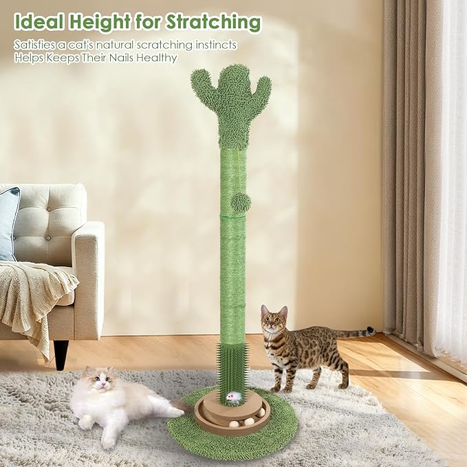 41.5" Cactus Cat Scratching Post, Heavy Duty Sisal Scratcher with Interactive Ball & Grooming Brush, Stable Anti-Tip Cat Tree for Indoor Cats & Large Cats