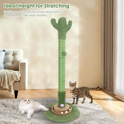 41.5" Cactus Cat Scratching Post, Heavy Duty Sisal Scratcher with Interactive Ball & Grooming Brush, Stable Anti-Tip Cat Tree for Indoor Cats & Large Cats