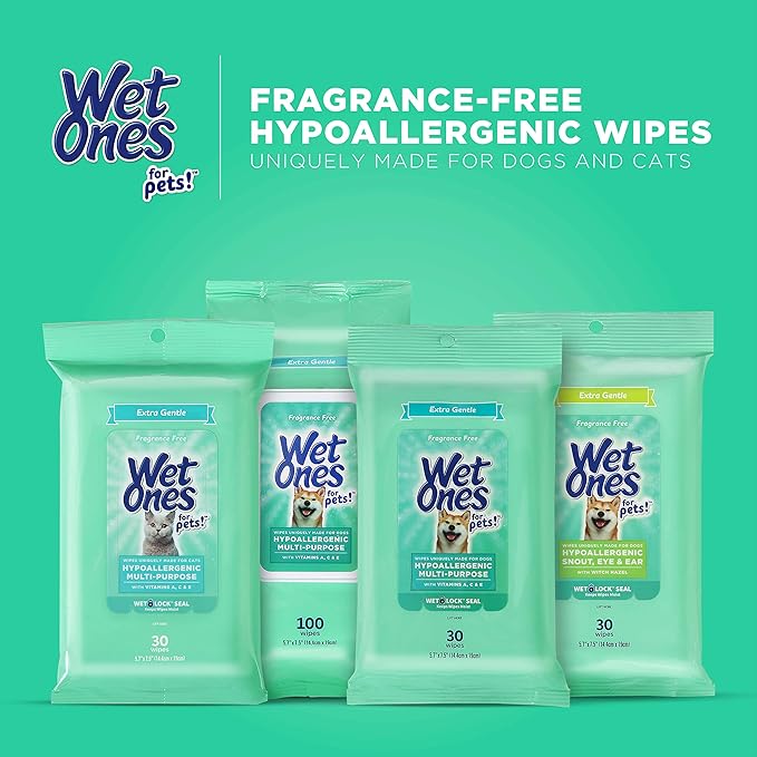 Wet Ones for Pets Extra Gentle Dog Wipes with Witch Hazel for Snout, Eye, Ear - Fragrance-Free Wipes for Dogs with Wet Lock Seal, 30 Count - 24 Pack