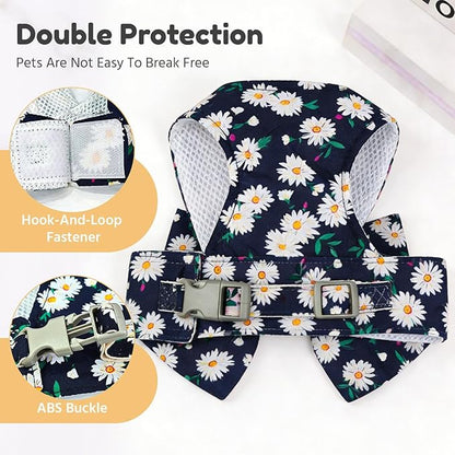 BAEJMJK Dog Harness and Leash Set with Bow Knot No Pull Pet Daisy Floral Harness with D-Ring Soft Mesh Dog Harness Vest Set Escape Proof Princess Puppy Harness for Small Girl Dogs Cats（Navy Blue XS）