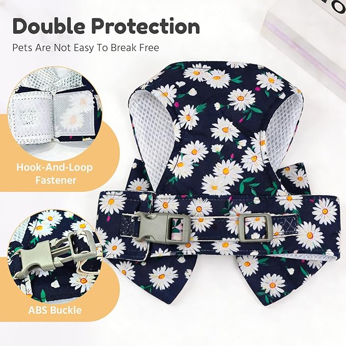 BAEJMJK Dog Harness and Leash Set with Bow Knot No Pull Pet Daisy Floral Harness with D-Ring Soft Mesh Dog Harness Vest Set Escape Proof Princess Puppy Harness for Small Girl Dogs Cats（Navy Blue M）