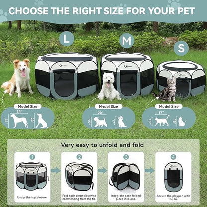Siedihit Medium Dog Cat Playpen, Puppy Pet Playpen Indoor for Dog Crate Tent Cage Outdoor, Portable Pop Up Dogs Enclosure Kennel with Carrying Case for Dogs/Cats/Rabbits (Grey with Pad, Medium)