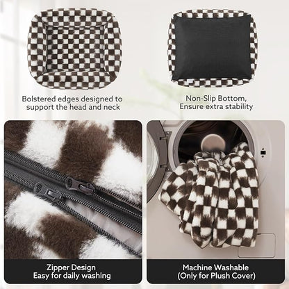 JOEJOY Small Dog Bed for Small Dogs, Removable Washable Cover Orthopedic Soft Faux Rabbit Fur Pet Bed, Anti-Slip Fluffy Plush Puppy Bed, 20"x19"x6", Checkered, Brown