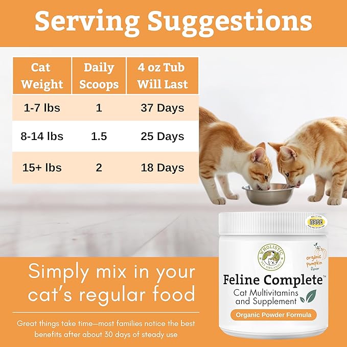 Wholistic Pet Organics Feline Complete Organic Pumpkin - 4 Oz - Multivitamin & Probiotic Powder for Cats - Natural Cat Food & Digestive Support - 37 Scoops