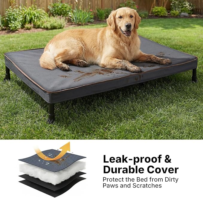 Veehoo Chew Proof Elevated Dog Bed, Indestructible Raised Dog Bed with Exclusive Cover, Washable Orthopedic Padded Pet Cot for Indoor & Outdoor, Extra Large Dog Bed 49" x 32", Dark Grey