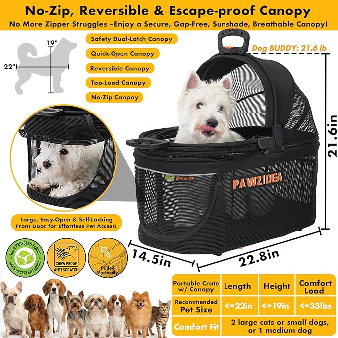 PAWZIDEA Pet Stroller 4 in 1, Foldable Cat Stroller with Detachable Carrier for Small Medium Dogs & Cats, Escape-Proof No-Zip Canopy, Lightweight Portable Travel Crate & Car Seat Combo, Storage Basket