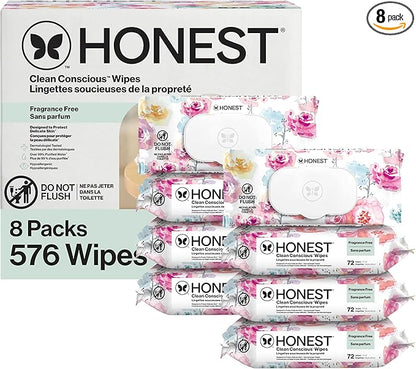 The Honest Company Baby Wipes for Sensitive Skin, Hypoallergenic, Fragrance-Free, Multi-Use, Rose Blossom Design, 576 Count (6 Packs of 96)