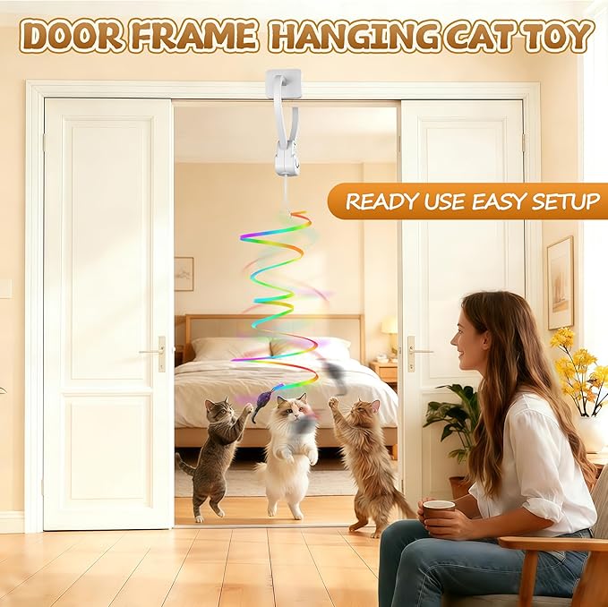 Interactive Cat Toys for Indoor Cats,Automatic Hanging Electric Cat Teaser Door Frame & Doorway,with Feather Mouse String wand Enrichment Chase Toy,Safe Self Play for Bored Multi Cats Households