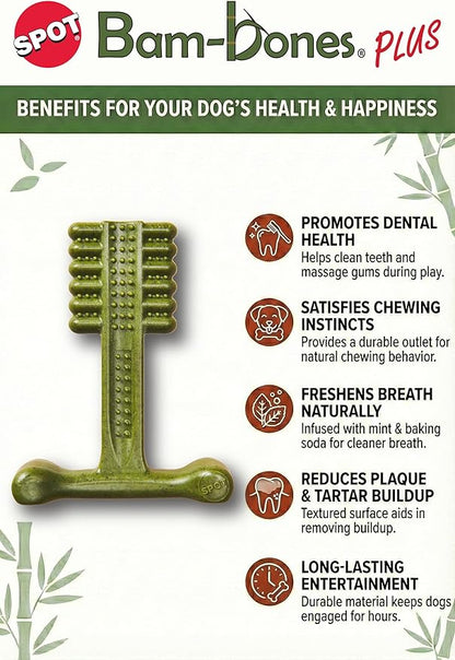 SPOT Bam-Bones Plus Toothbrush Dog Chew Toy for Large Dogs 60-90 lbs, Bamboo & Nylon Dental Chew with Mint & Baking Soda, T-Bone Shape for Moderate to Heavy Chewers, 7 Inch