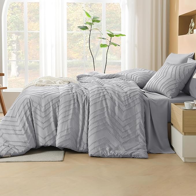 Litanika Light Grey King Size Comforter Set with Sheets - 7 Pieces Bed in a Bag King Boho Tufted Complete Bedding Sets with Comforter, Sheets, Pillowcases & Shams