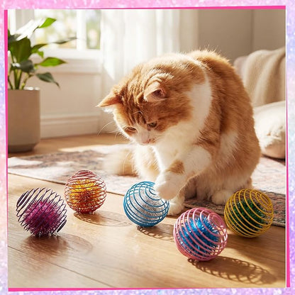 Jecery 5 Pcs Cat Spring Toys Stretchable Rolling Balls Colorful Playful Coils Interactive Action Toy Caged Rats for Kitten Pet Supplies (Glitter Balls,Multicolor)