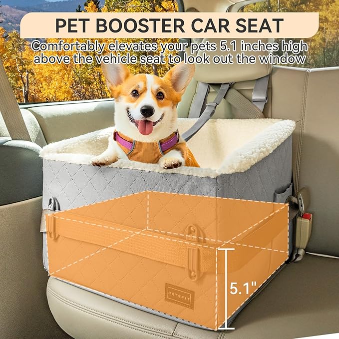 PETSFIT Small Dog Car Seat, Soft Foam Dog Booster Car Seat with Patented Safety Buckles, Storage Pockets and Detachable Clip-On Safety Leash, Dog Car Seat for Medium Dogs 30 LBS (Grey)