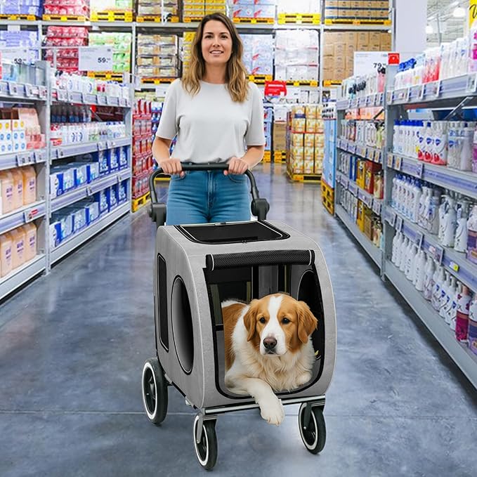 kepptory Dog Stroller with Large Dog House, XL Pet Stroller for 2 Small Dogs with Panoramic Sunroof, Adjustable Handle, Storage Organizer and Sturdy Metal Frame,32.4Lx19.3Wx23.6H(House Size)