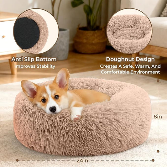 Calming Anti-Anxiety Donuts Dog And Cat Bed, Round Fluffy Soft Washable Medium Pet Bed For Puppy & Kitten, Cuddler Warming Comfortable Cushion, Luxury Anti-Slip Waterproof Mute Base 24in (Camel)