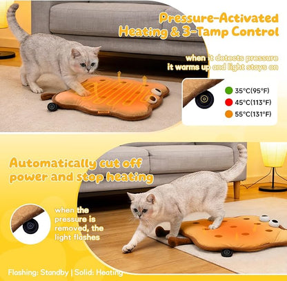 Heated Cat Bed for Indoor Pets Pressure-Activated Cat Heating Pad Extra Large Electric Pet Heated Pad Adjustable Temp Pet Heating Pads with Removable Cover Biscuits Brown 21"X 21"