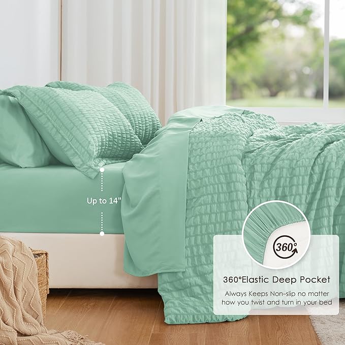 Love's cabin Seersucker Light Green King Size Comforter Set, 7-Piece All Season Lightweight Bed in a Bag Bedding Set with Comforter, Flat Sheet, Fitted Sheet, Pillowcases and Shams | Soft, Breathable, Lightweight