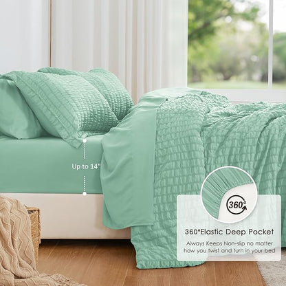 Love's cabin Seersucker Light Green King Size Comforter Set, 7-Piece All Season Lightweight Bed in a Bag Bedding Set with Comforter, Flat Sheet, Fitted Sheet, Pillowcases and Shams | Soft, Breathable, Lightweight