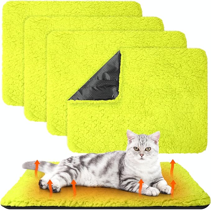 Drydiet 4 Pack Self Warming Cat Pads Self Heating Cat Mat Washable Homeless Dogs Thermal Pads Kennel Pad Reflects Body Heat Warm Crate Bed Mat for Indoor Outdoor Pet(Fluorescent Green,16 x 20 Inch)