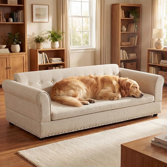 Elevated Dog Sofa for Medium to Large Dogs, Button Tufted Dog Couch Bed with Backrest and Armrests, Durable Memory Foam Pet Bed, Removable Cushion for Medium and Large Dogs, Beige