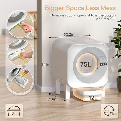 2025 Automatic Litter Box Self Cleaning,Self Cleaning Cat Litter Box for Multiple Cats,App Control Dynamic Monitoring,75L Large Space Dual Sensor Safety Protection, 3-30lbs Cats, 2 Roll Bag