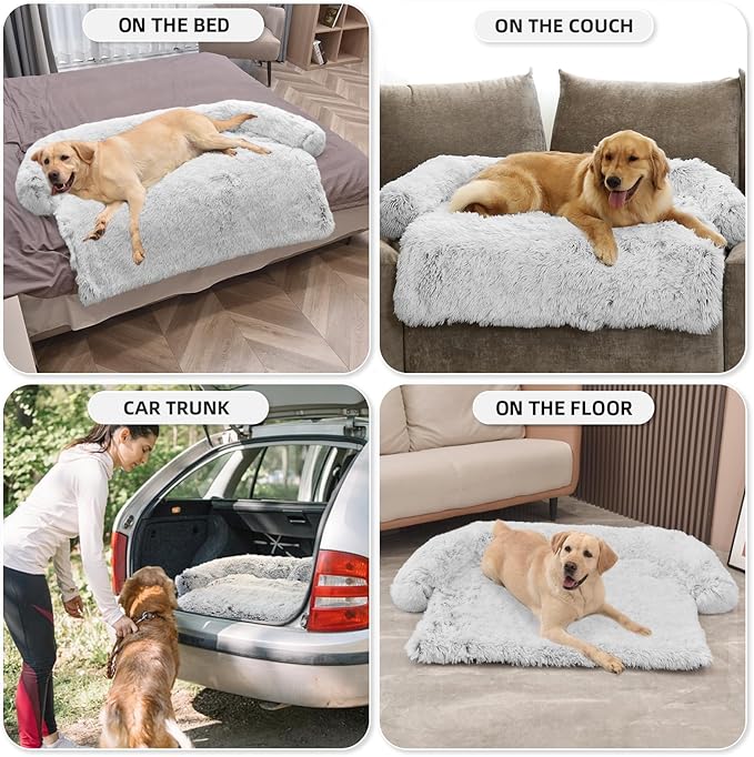 GGIB Calming Dog Bed Fluffy Plush Dog Mat for Furniture Protector with Removable Washable Cover for Large Medium Small Dogs and Cats (Extra Extra Large, Light Grey)