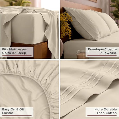 Mellanni Twin Sheet Set - 4-Piece Iconic Collection Bedding, (Including 2 Pillowcases), 16-Inch Deep Pocket, Easy Care, Extra Soft, Cooling Sheets, Brushed Microfiber - Beige