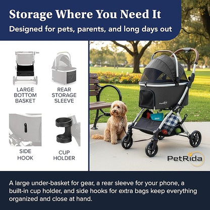 Luxury Pet Stroller with Detachable Carrier | Lightweight Design with Easy One-Hand Fold & Spacious Storage Basket | Safe & Comfortable Travel for a Small to Medium Dog or Cat, Gray