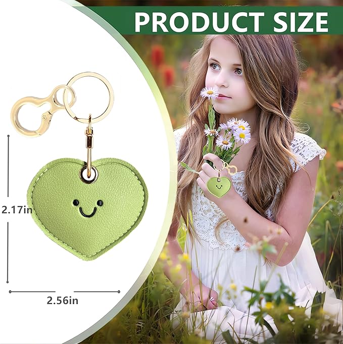 Leather Keychain Holder Case Compatible with AirTag,Cute Protective Cover with Keyring,Anti-Scratch Finder GPS Tracker Case for Wallet Keys,bag,pets,Backpack(Green Heart)