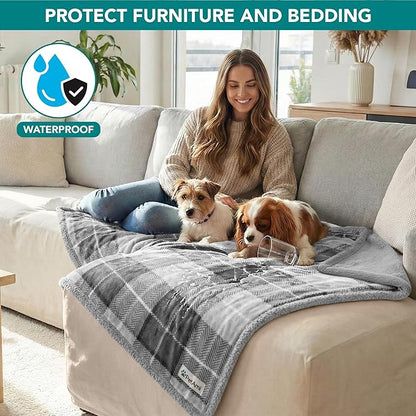 PetAmi Waterproof Dog Blanket for Small Medium Dog Puppy Cat Throw for Couch Cover Leakproof Protection, Sherpa Fleece, Reversible Soft Washable 29x40 Plaid Light Gray