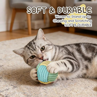 Crinkle Cat Chew Toy Balls 6-Pack with Rope - Indestructible & Quiet for Indoor Cats & Kittens - Soft, Durable Cat Enrichment Toys Promotes Dental Health, Interactive Play for Bored Cats