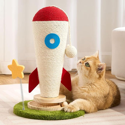 Cat Scratching Post, Rocket Cute Sisal Cat Scratcher with Durable Solid Wood Turntable Toy, Cat Scratch Post Red Cat Scratcher with Spinning Star Toy for Indoor Adult Cats